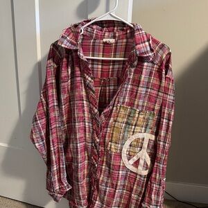 POL Pink Plaid Button-Down Shirt with Peace Patch